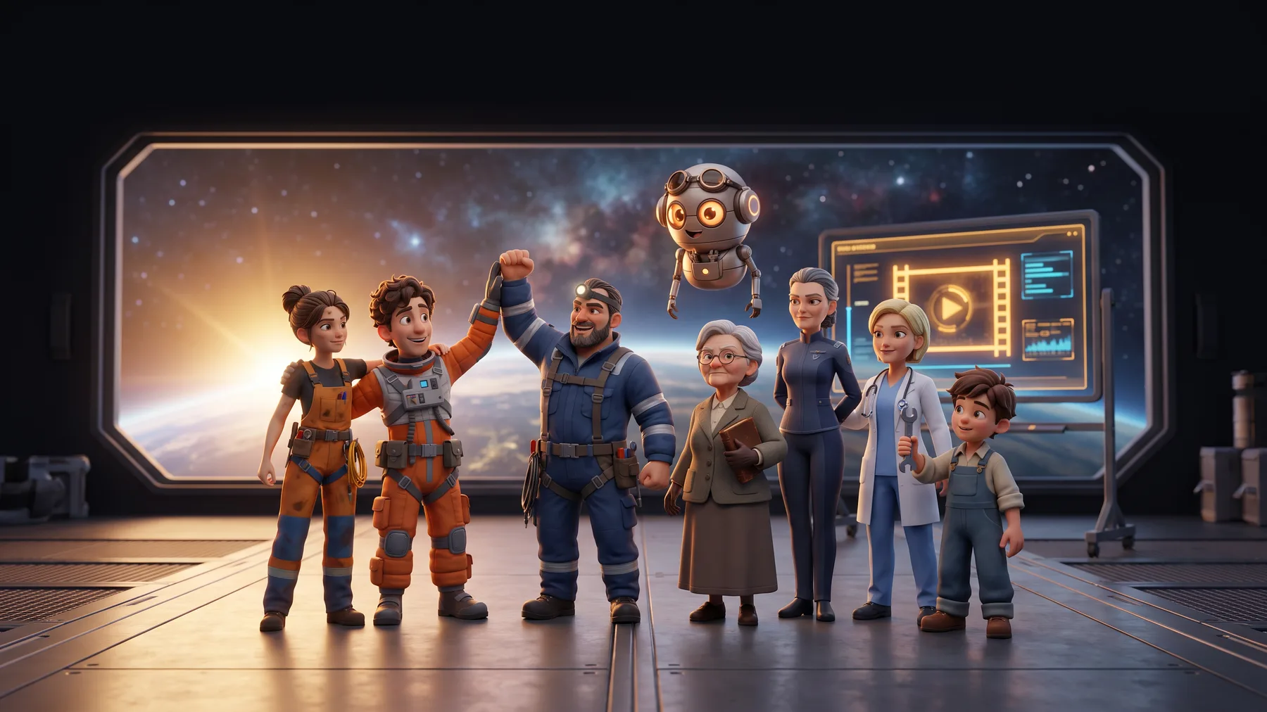 Otto personaggi in piedi insieme come un'unica crew sul ponte di un hangar, con le braccia sulle spalle l'uno dell'altro, un pugno alzato e un robot fluttuante sopra di loro, davanti a una finestra sullo spazio e a uno schermo che mostra un film finito.