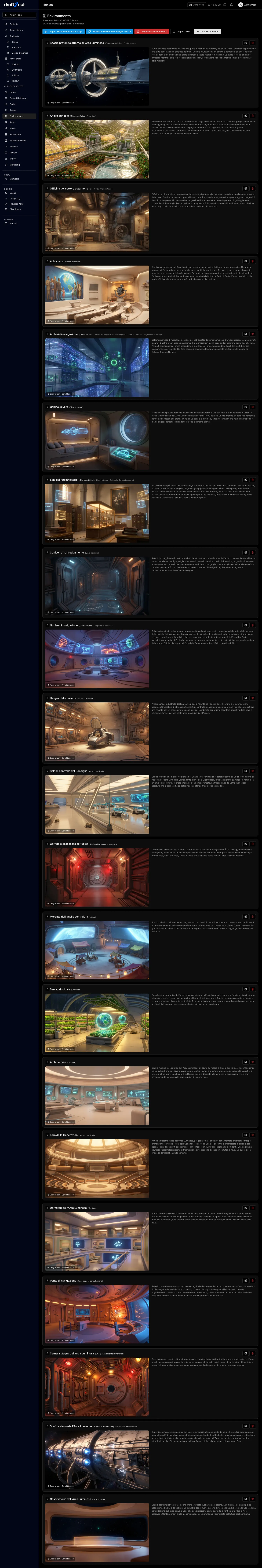 The Environments page of a draft2cut project: each location with its images and a description derived from the script.