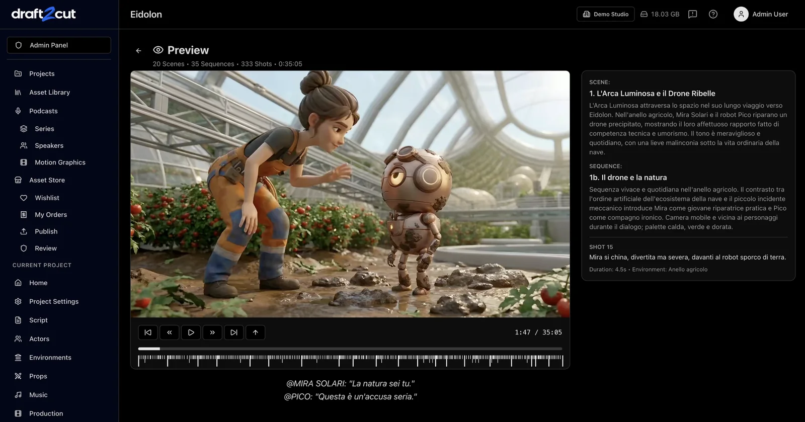 La pagina Preview di un progetto draft2cut: la shot in riproduzione con i suoi sottotitoli, i controlli e una timeline di tutte le shot, e a destra la scene, la sequence e la shot a cui appartiene.