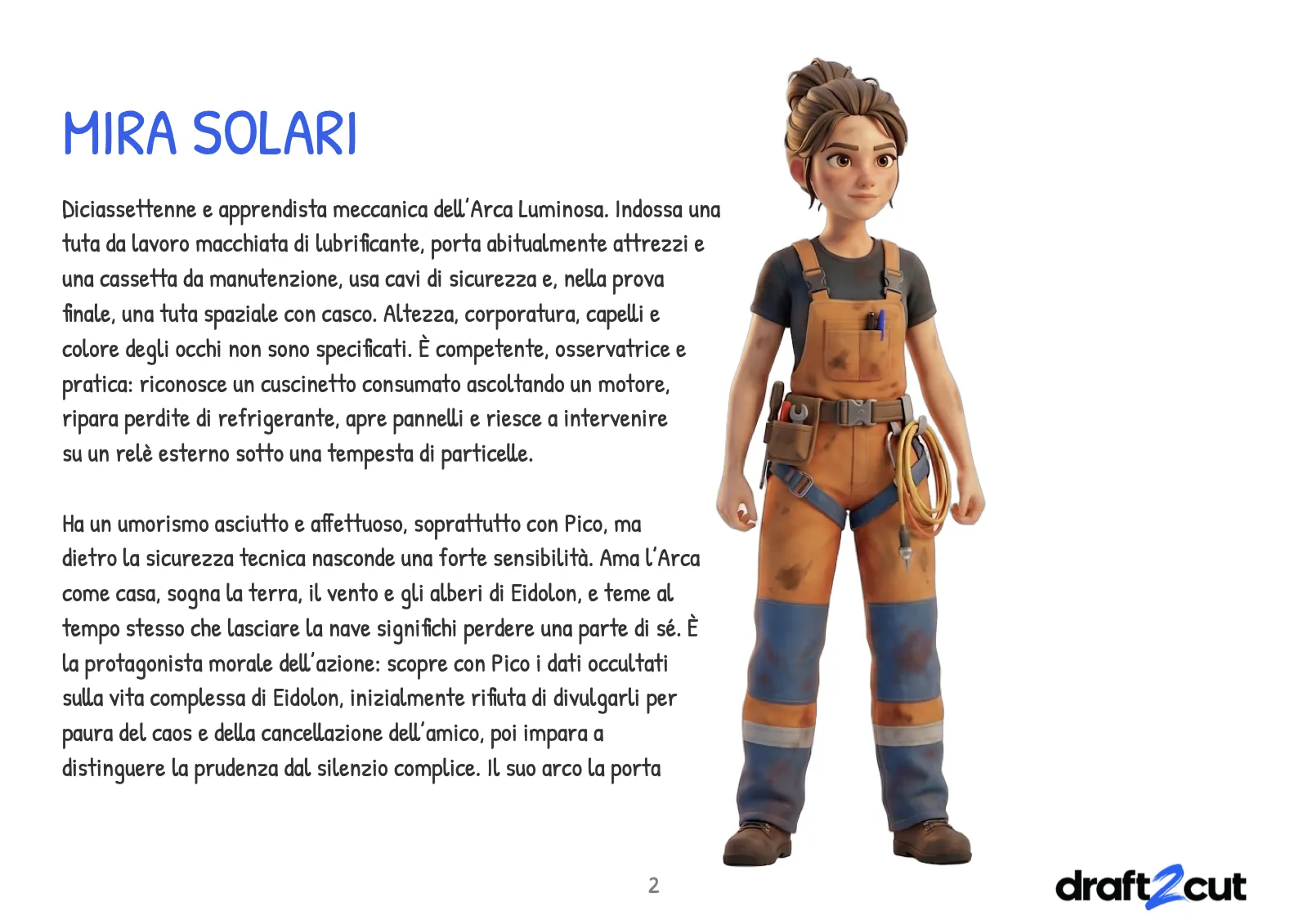 Una pagina della bible dei personaggi con un ritratto e una descrizione.