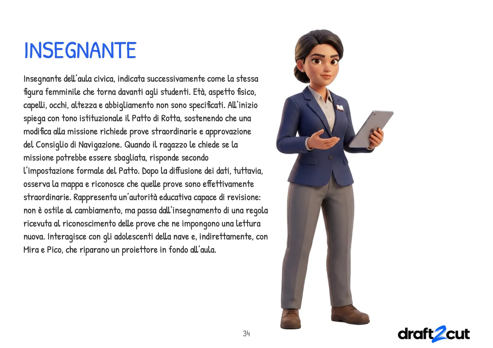 Una pagina della bible dei personaggi: l'insegnante della classe di educazione civica, una donna con una giacca blu e un tablet, e la sua descrizione.