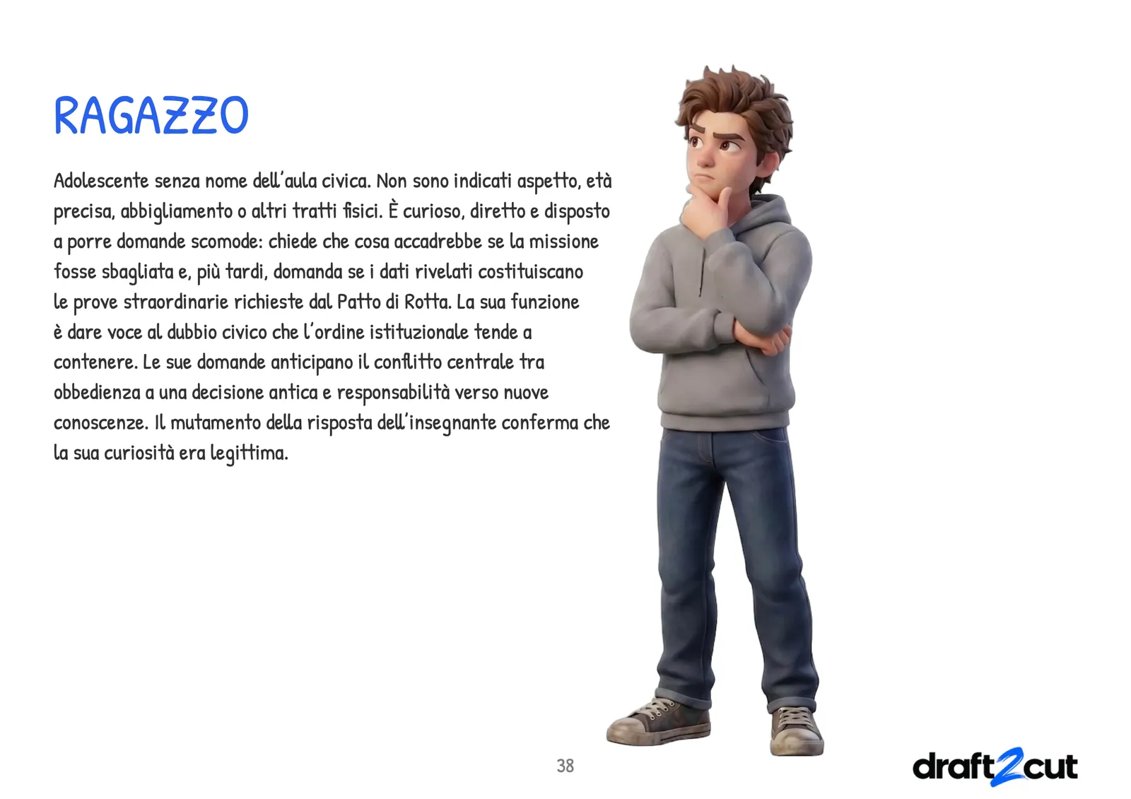Una pagina della bible dei personaggi: il ragazzo della classe di educazione civica, con una felpa grigia, e la sua descrizione.