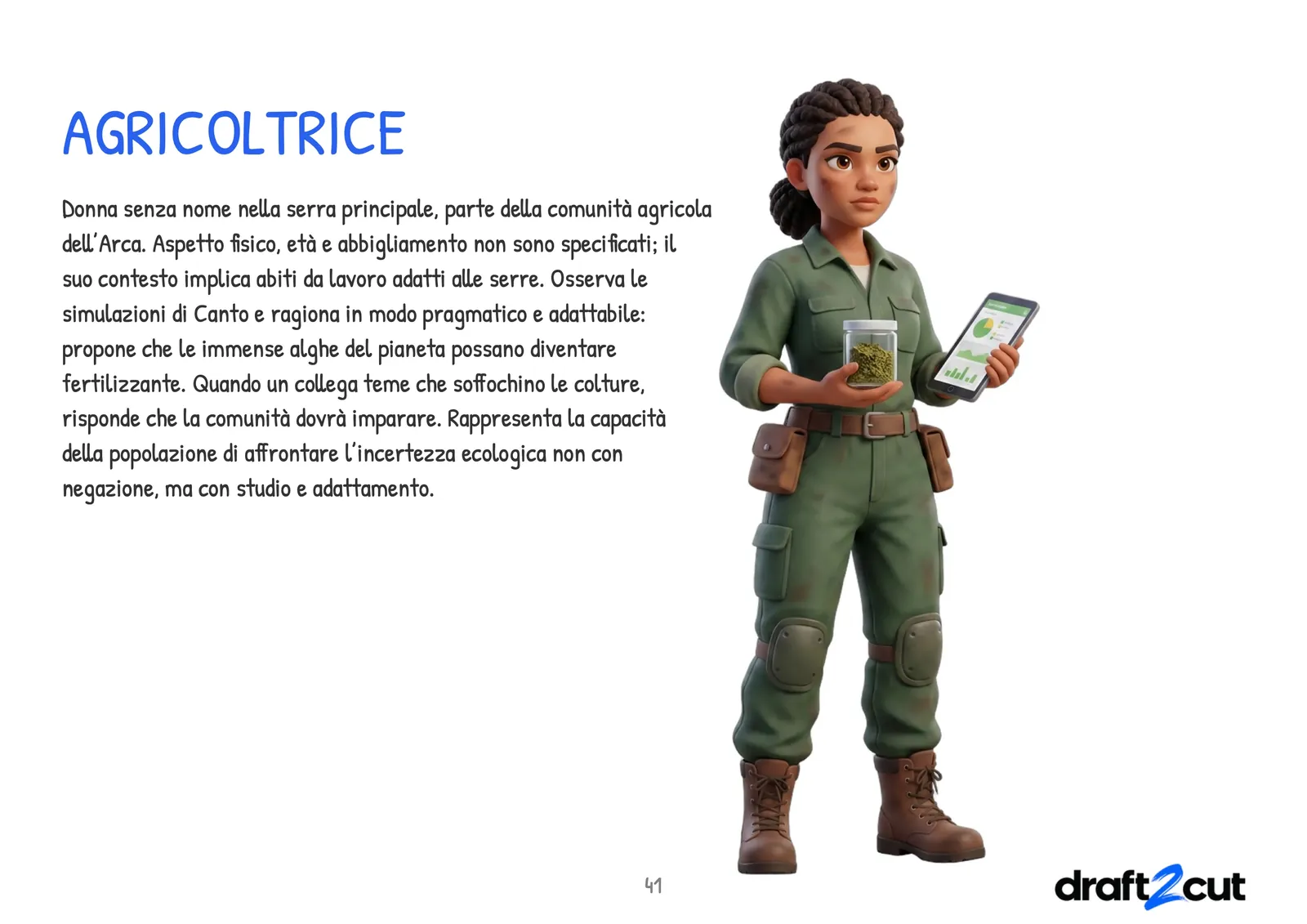 Una pagina della bible dei personaggi: l'agricoltrice, in tuta verde con un barattolo e un tablet, e la sua descrizione.
