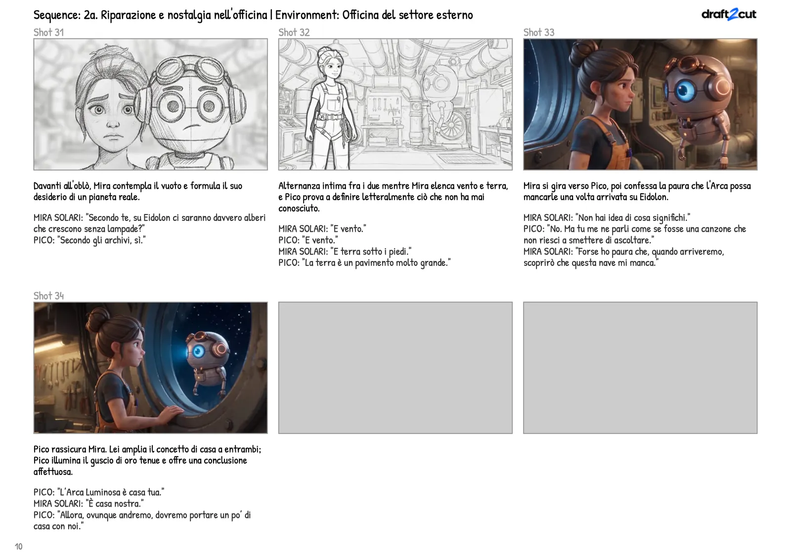 Una pagina di storyboard della sequence dell'officina: shot da 31 a 34, con gli ultimi due frame realizzati.