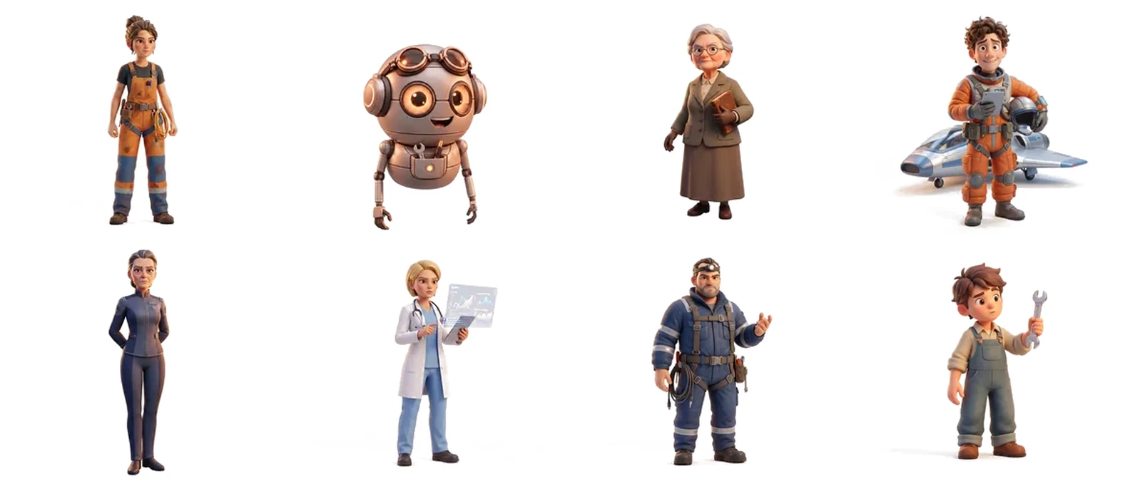 Un cast di otto personaggi nello stesso stile di illustrazione 3D, in due file da quattro.