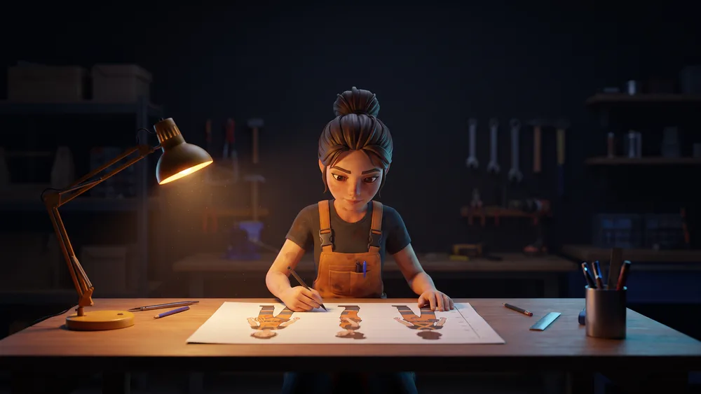 Una giovane donna disegna il turnaround di un personaggio a un tavolo da disegno.