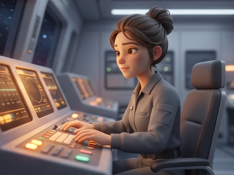 Mira, calma e concentrata a una console, in divisa grigia da tecnica.