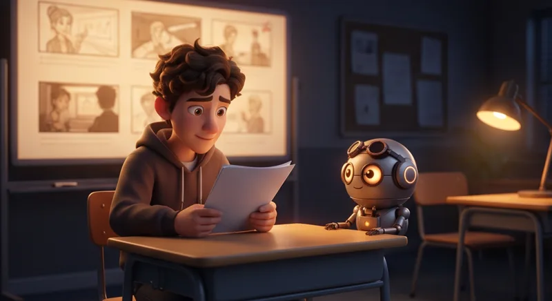 Una studentessa legge una sceneggiatura a un banco di scuola, con uno storyboard proiettato dietro.
