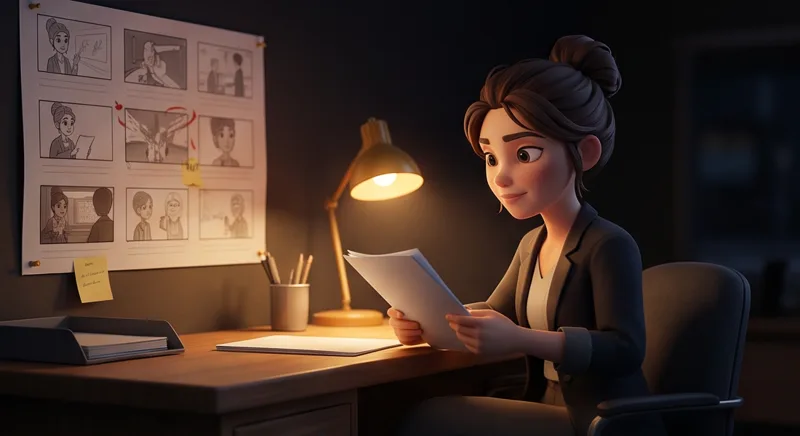 Un produttore indipendente legge una sceneggiatura accanto a una parete di frame di storyboard.