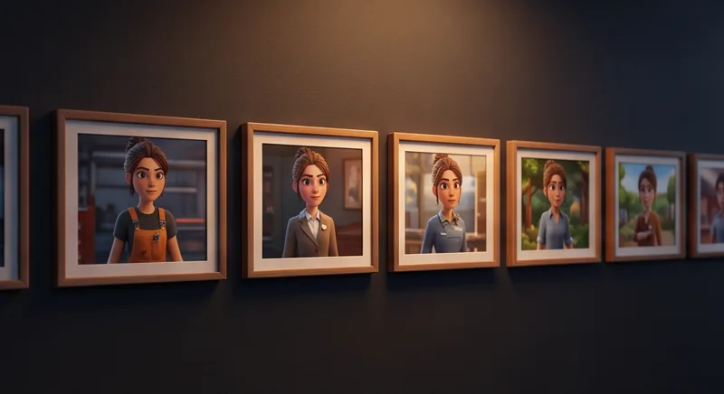 Lo stesso personaggio in una fila di frame incorniciati di episodi diversi.