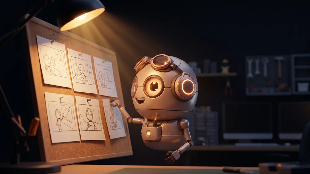 Un piccolo robot rotondo appende i frame dello storyboard a una bacheca.