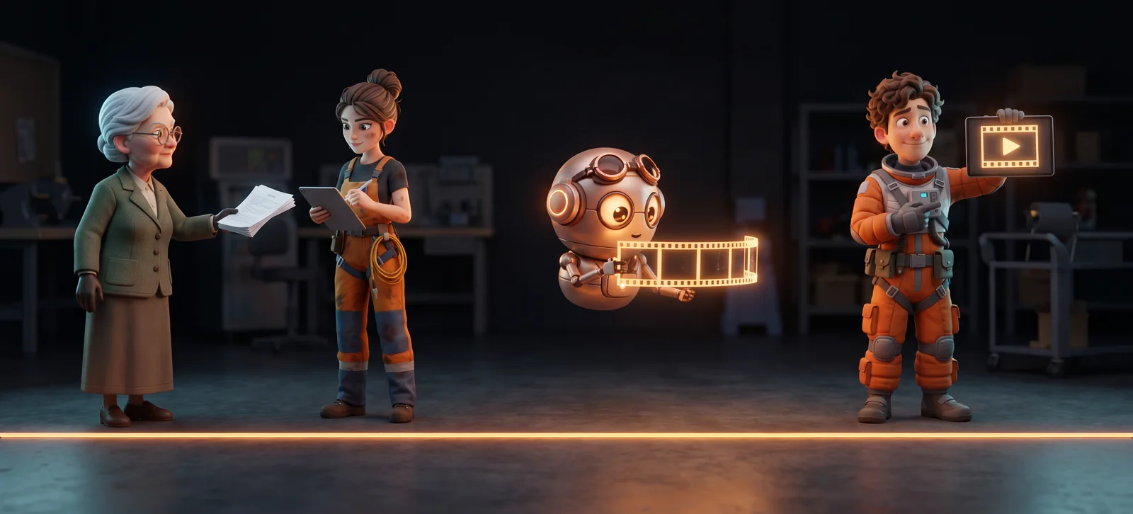 Una sceneggiatura passata lungo una linea di produzione: un'anziana donna la consegna, una giovane disegna un personaggio, un robot fluttuante assembla i frame del film e un giovane mostra il film finito.