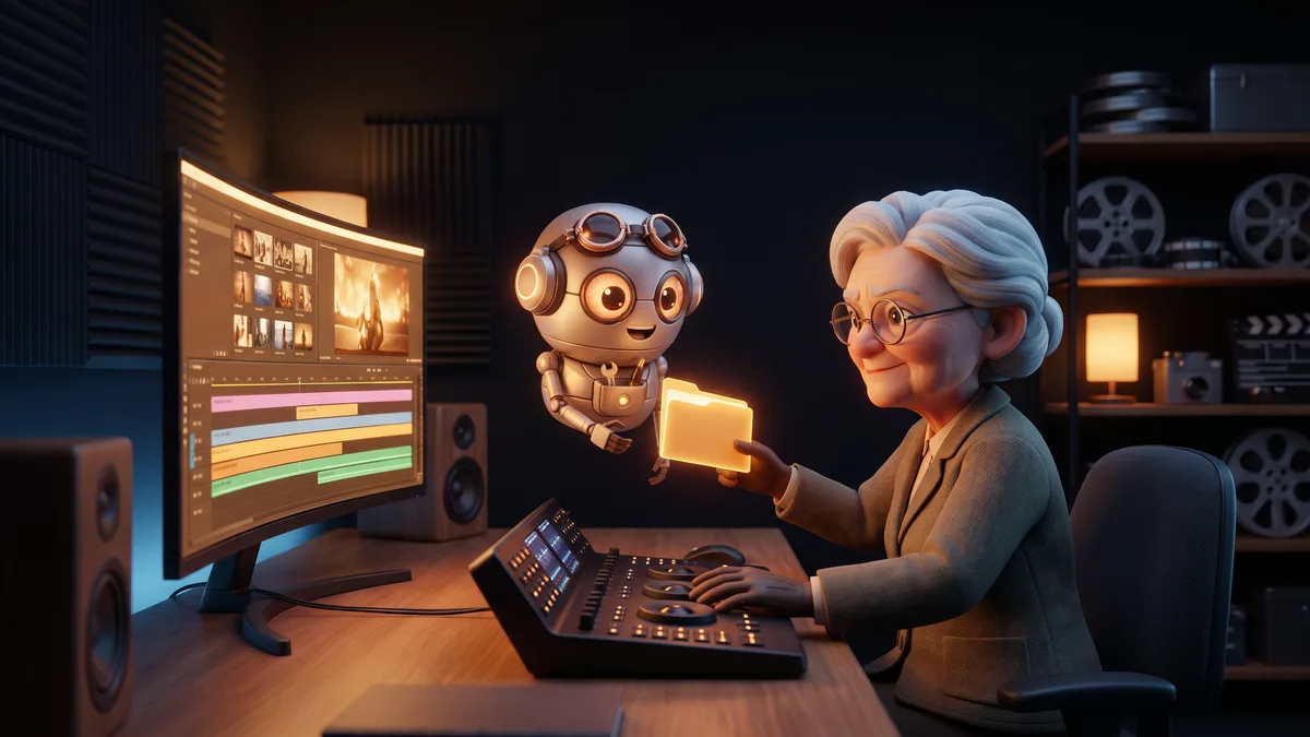 Un'anziana signora a un banco di montaggio con una timeline a più tracce su un grande monitor, che prende una cartella luminosa da un piccolo robot fluttuante.