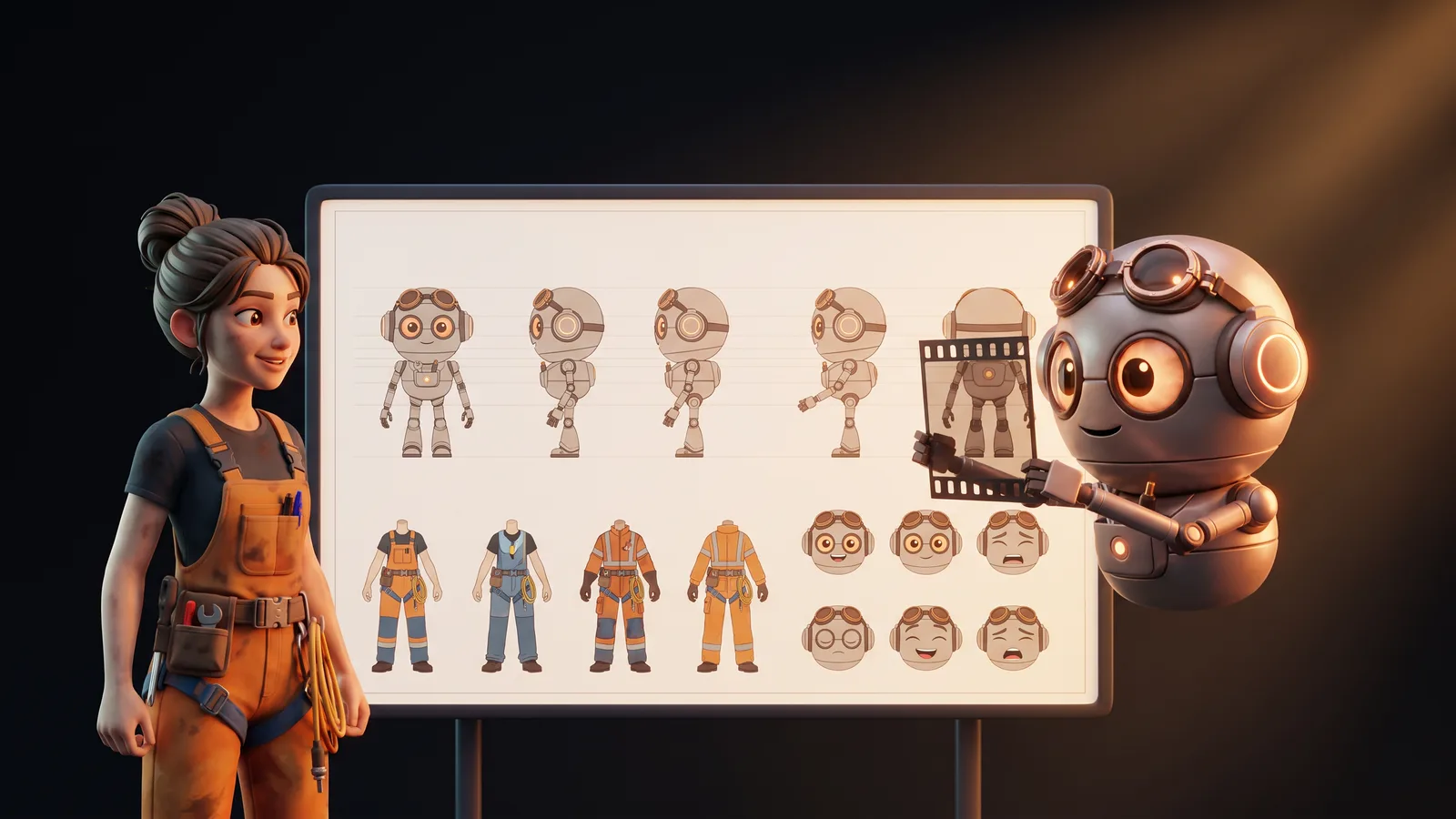 Una giovane accanto a una tavola di riferimento di un personaggio con turnaround, outfit ed espressioni, mentre un piccolo robot fluttuante tiene un frame contro la tavola per controllare che corrisponda.