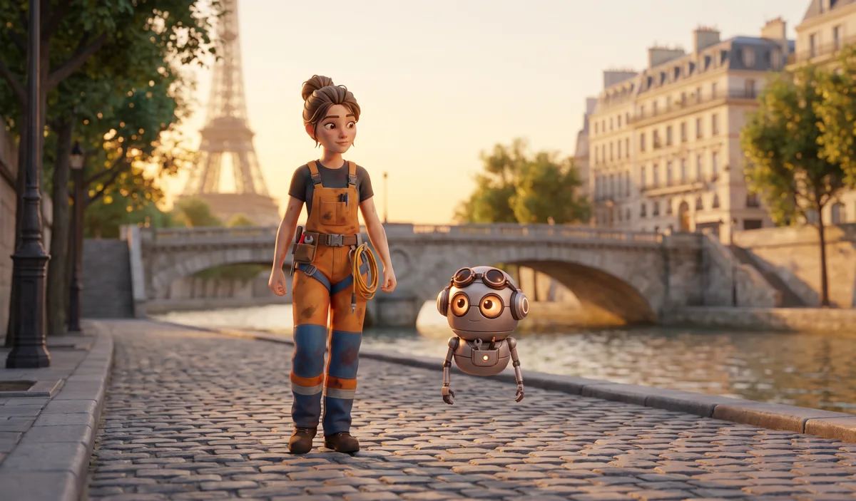 Una giovane in tuta arancione e un piccolo robot fluttuante camminano lungo la Senna a Parigi, con la Torre Eiffel dietro di loro.
