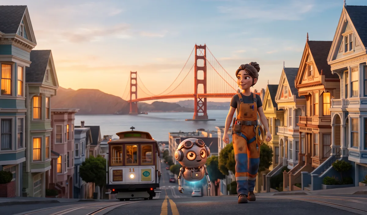 La stessa giovane e il robot fluttuante in una strada in salita a San Francisco, con un tram a fune e il Golden Gate Bridge al tramonto.