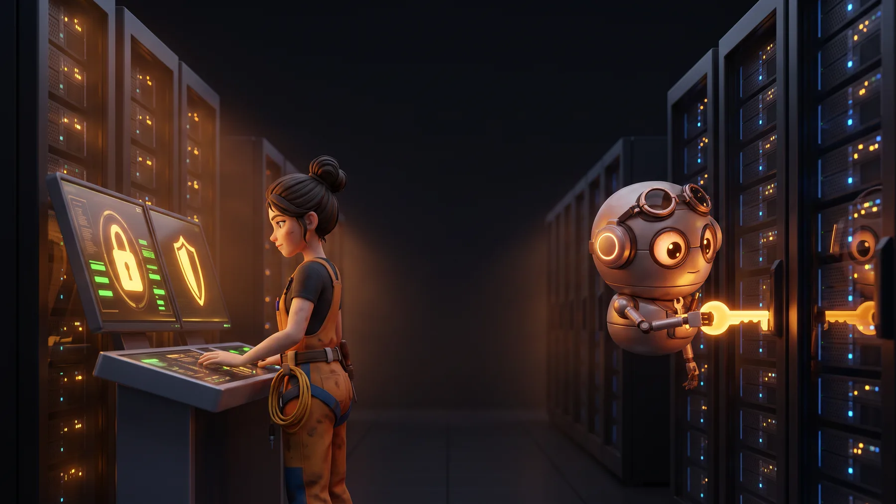 Una giovane a una console di sicurezza con simboli di lucchetto e scudo sugli schermi, e un piccolo robot fluttuante che gira una chiave luminosa nella serratura di un rack di server, in una sala server buia.
