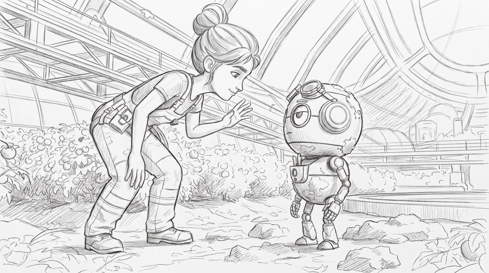 Un frame di storyboard a matita: una giovane si china verso un piccolo robot rotondo tra le piante di pomodoro in una serra.