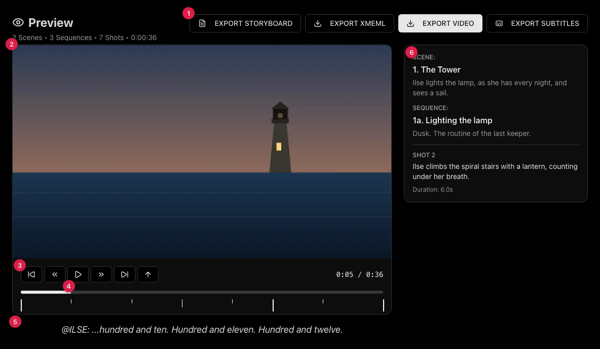 Il lettore di preview di draft2cut mostra una shot, la timeline e le opzioni di export.