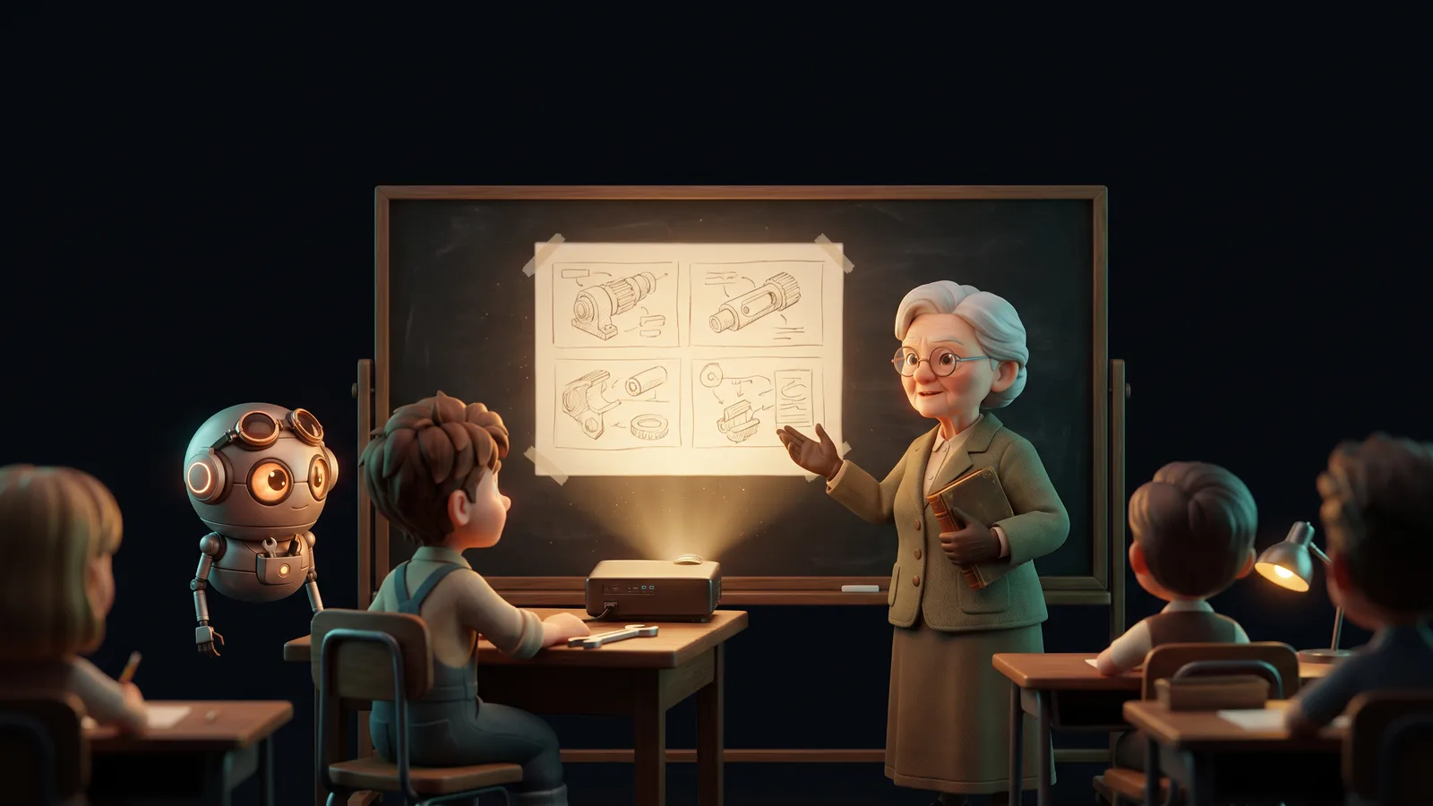 Un anziano insegnante con una piccola classe e un robot fluttuante, uno storyboard proiettato sulla lavagna.