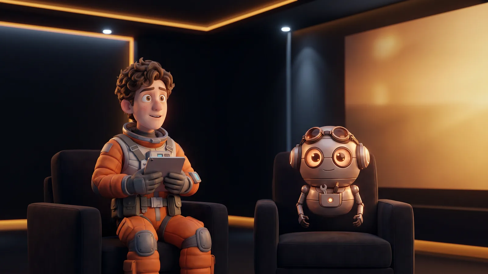 Un giovane e un piccolo robot fluttuante guardano un film finito in una sala di proiezione privata.