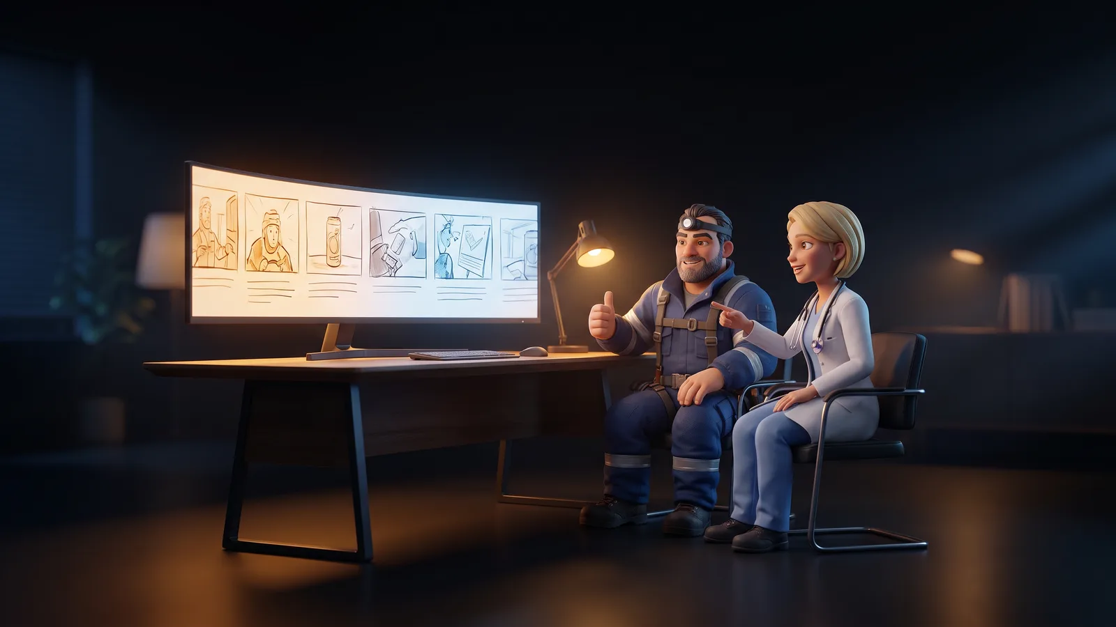 Due clienti approvano su un grande monitor una fila di frame di storyboard di uno spot.
