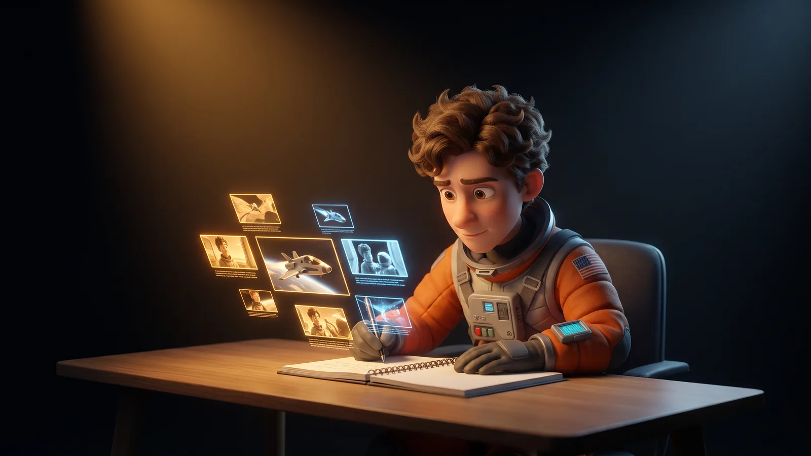 Un giovane scrive su un quaderno mentre piccoli frame luminosi di storyboard della sua scene fluttuano sopra le pagine.