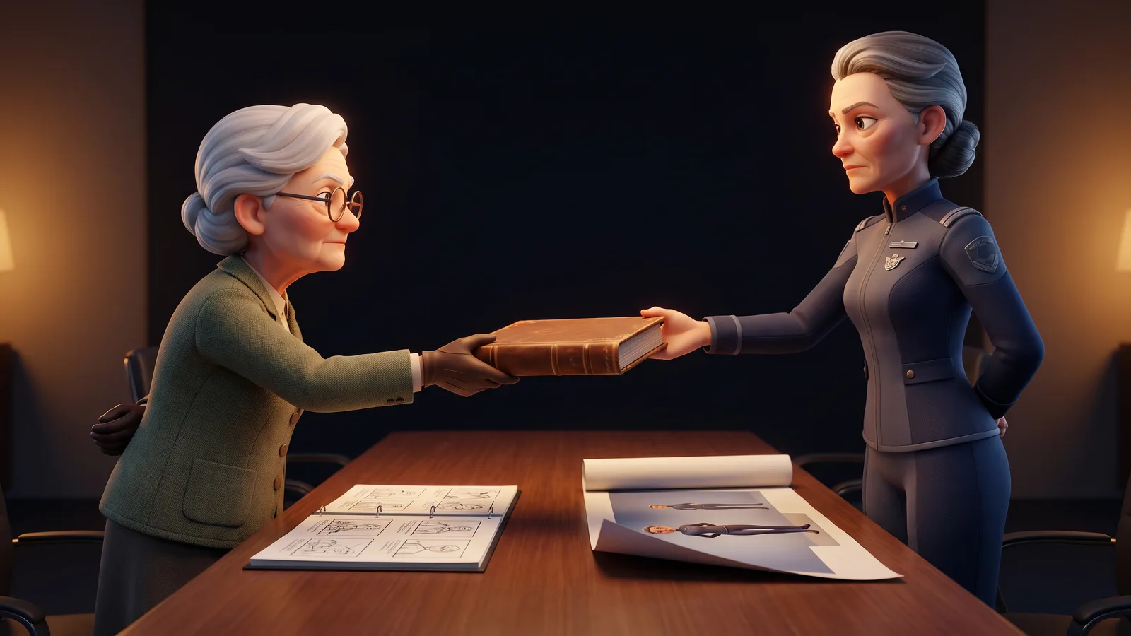 Un'anziana donna consegna una cartella di presentazione a una donna alta, attorno a un tavolo con storyboard e un poster dei personaggi.