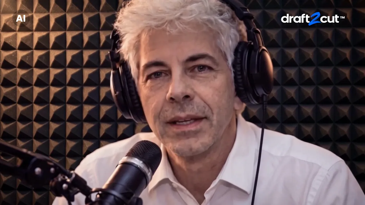 Due conduttori di un podcast in studio parlano di sceneggiature riservate e piani AI.
