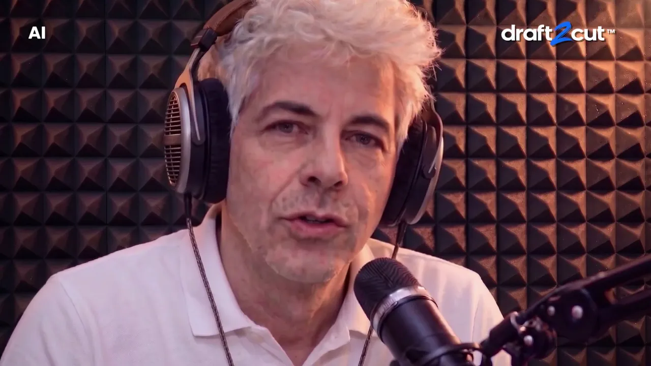 Two podcast hosts in a studio talk about rules for disclosing AI content.