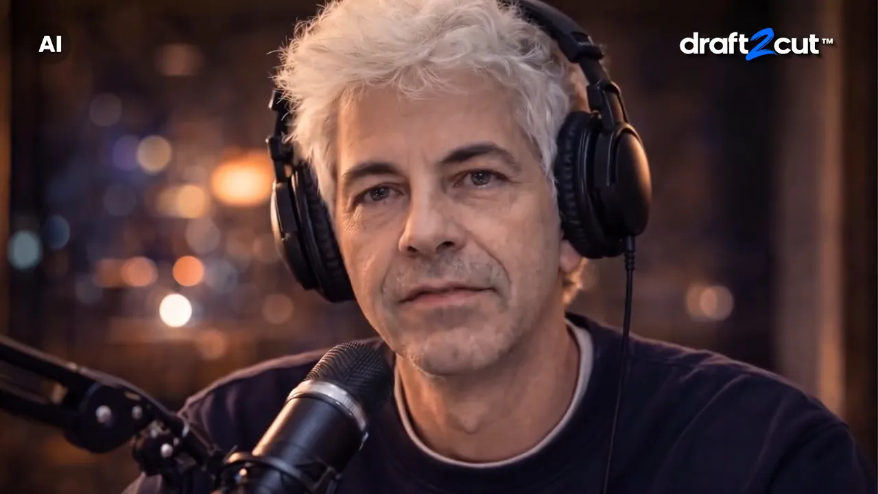 Due conduttori di un podcast in studio parlano del montaggio di shot generate con l'AI.