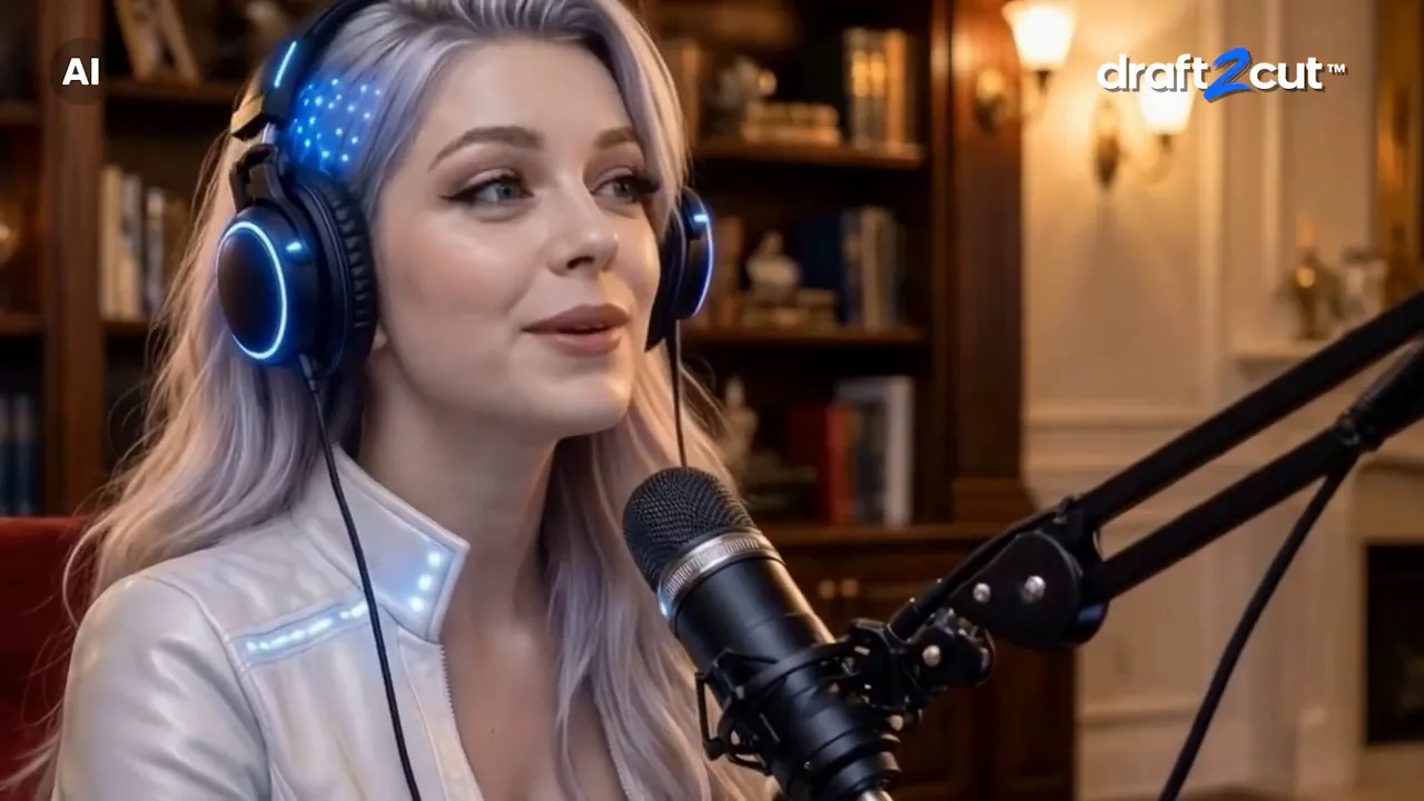 Due conduttori di un podcast in studio parlano di come si scrive una sceneggiatura con l'AI.