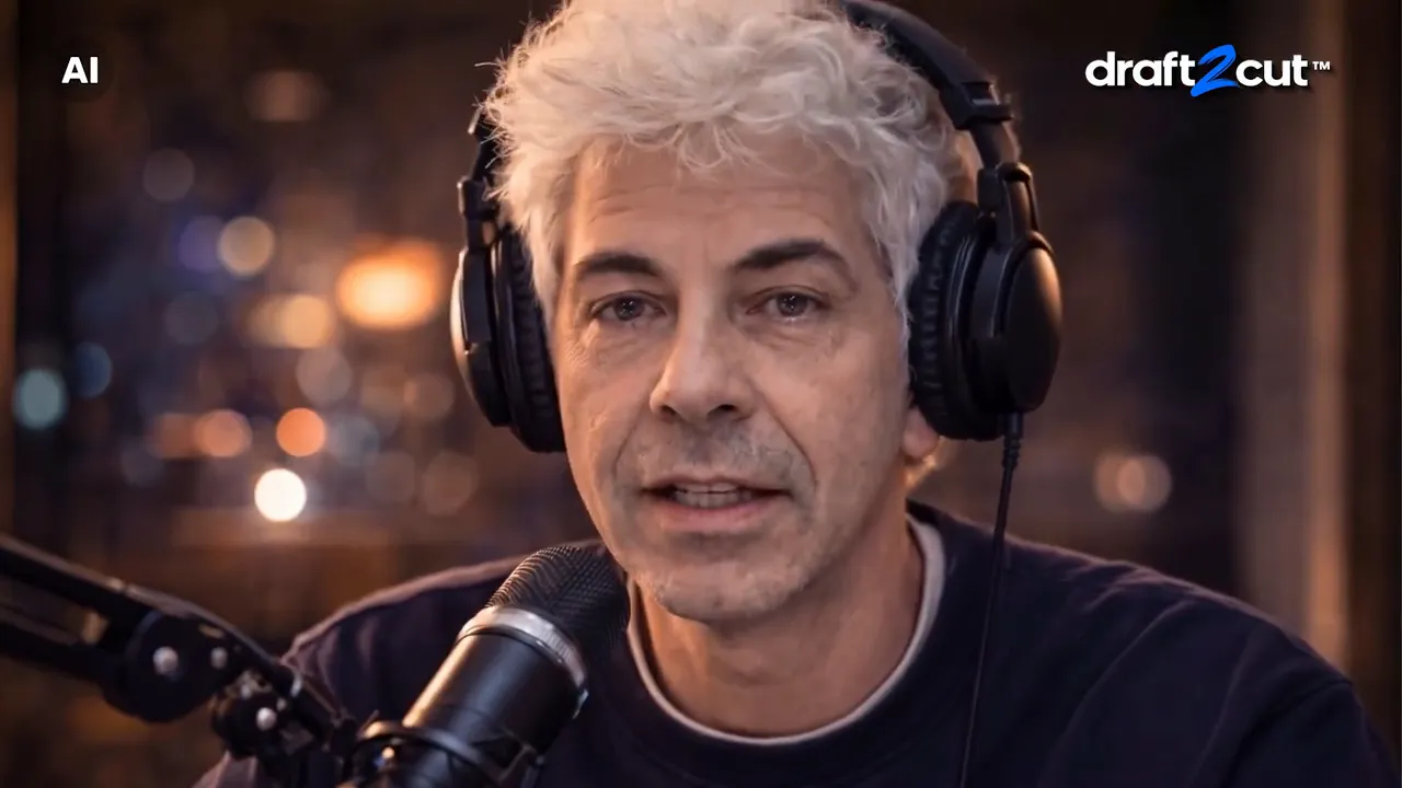 Due conduttori di un podcast in studio parlano del futuro del cinema con l'AI.