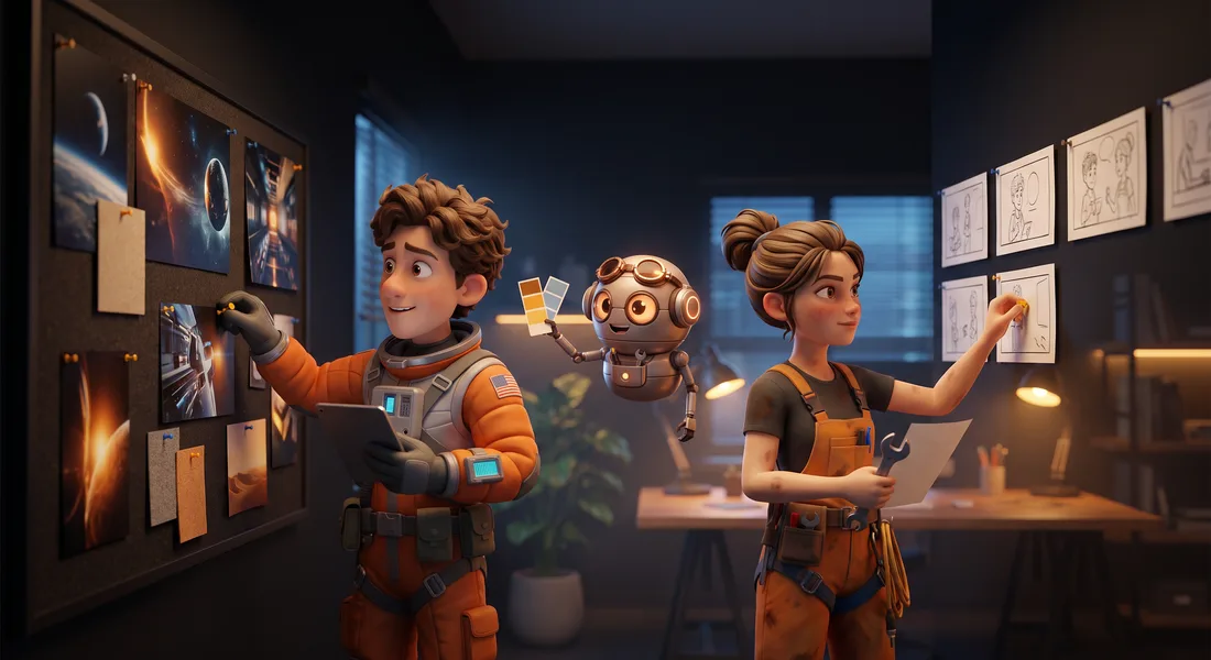 Tre personaggi appendono a una parete una moodboard di campagna e frame di storyboard di uno spot.