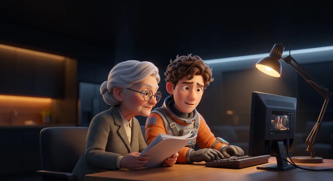 Un autore e un regista si chinano insieme su una sceneggiatura e un monitor che mostra in preview la scene.